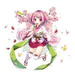 1girl :d absurdres animal bangs bird blush braid butterfly cherry_blossom_print cherry_blossoms commentary_request dango eyebrows_visible_through_hair flower food fruit hair_flower hair_ornament highres holding holding_plate japanese_clothes kimono looking_at_viewer obi open_mouth original personification petals pink_eyes pink_hair pink_kimono plate pleated_skirt print_kimono red_ribbon red_skirt ribbon ribbon-trimmed_legwear ribbon-trimmed_sleeves ribbon_trim sakura_chiyo_(konachi000) sandals sanshoku_dango sash short_hair short_kimono skirt smile solo strawberry tabi teeth thigh-highs transparent_background twitter_username upper_teeth violet_eyes wagashi white_legwear zouri 