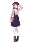  1girl :d adjusting_clothes adjusting_hat ankle_boots bag black_hat black_skirt blush boots brown_eyes brown_footwear casual collarbone fedora full_body ginopi hair_between_eyes hair_ornament hairclip hand_on_headwear handbag hat highres long_hair long_sleeves looking_at_viewer love_live! love_live!_sunshine!! no_socks open_mouth pigeon-toed redhead sakurauchi_riko shirt shoulder_bag simple_background skirt smile solo straight_hair striped striped_shirt suspender_skirt suspenders white_background 