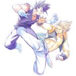  2boys bakusou_k bare_chest black_eyes black_hair blonde_hair blue_eyes boots dougi dragon_ball dragonball_z earrings fighting frown gloves gogeta jewelry looking_at_another male_focus multiple_boys serious short_hair simple_background super_saiyan vegetto white_background 