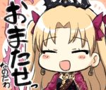  1girl :d black_dress blonde_hair blush_stickers bow cape closed_eyes dress earrings engiyoshi ereshkigal_(fate/grand_order) eyebrows_visible_through_hair fate/grand_order fate_(series) hair_bow infinity jewelry necklace open_mouth parted_lips purple_bow purple_cape skull smile solo spine tiara tohsaka_rin translation_request two_side_up 