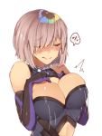  1girl amakaze bare_shoulders blush breasts cleavage closed_eyes closed_mouth elbow_gloves eyebrows_visible_through_hair facing_viewer fate/grand_order fate_(series) gloves hands_on_own_chest highres large_breasts mash_kyrielight pink_hair short_hair solo speech_bubble upper_body 