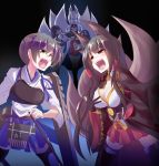  4girls akagi_(azur_lane) akagi_(kantai_collection) animal_ears apron ass azur_lane black_background black_hair black_legwear blue_eyes blue_skirt bow_(weapon) breasts brown_eyes carrying cleavage closed_eyes commentary_request crossover eyebrows_visible_through_hair flight_deck fox_ears fox_tail highres holding holding_bow_(weapon) holding_weapon kaga_(azur_lane) kaga_(kantai_collection) kantai_collection kazekawa_nagi large_breasts long_hair multiple_girls multiple_tails muneate open_mouth red_skirt short_hair side_ponytail skirt straight_hair tail tasuki thigh-highs torn_clothes torn_skirt torn_thighhighs weapon white_hair 
