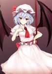  1girl ascot bat_wings blue_hair breasts commentary_request gradient gradient_background hand_on_own_chest hat hat_ribbon highres holding holding_weapon looking_at_viewer mob_cap polearm puffy_short_sleeves puffy_sleeves red_eyes red_neckwear red_ribbon remilia_scarlet ribbon short_hair short_sleeves sinkai small_breasts smile solo spear touhou weapon wings 