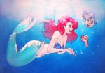  1girl :d air_bubble ariel_(disney) artist_name bare_shoulders bikini_top blue_bikini_top blue_eyes blush breasts bubble cleavage clownfish company_connection crossover day eye_contact finding_nemo fish flounder_(the_little_mermaid) from_side full_body long_hair looking_at_another medium_breasts mermaid monster_girl nakanoart navel nemo open_mouth own_hands_together profile red_eyes redhead scales shell shell_bikini smile sunlight tareme the_little_mermaid underwater water 