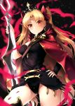  1girl aura bangs black_legwear black_leotard black_nails blonde_hair blush breasts cape closed_mouth cowboy_shot earrings ereshkigal_(fate/grand_order) fate/grand_order fate_(series) hair_ribbon hand_on_hip holding holding_sword holding_weapon jewelry koruta_(nekoimo) leotard long_hair looking_at_viewer nail_polish parted_bangs red_cape red_eyes red_ribbon ribbon single_thighhigh small_breasts solo sword thigh-highs tiara tohsaka_rin two_side_up v-shaped_eyebrows weapon 