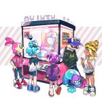  ..._(331608) 2boys 3girls blonde_hair blue_eyes blue_footwear blue_hair blue_headwear crane_game green_jacket hat inkling jacket jellyfish leaning_back multiple_boys multiple_girls pink_eyes pink_footwear pink_hair pink_shirt purple_hair shirt shoes simple_background splatoon_(series) splatoon_2 squid standing stuffed_animal stuffed_toy white_background white_footwear white_shirt yellow_eyes yellow_headwear 