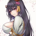  1girl azur_lane black_hair breasts cherry_blossoms cleavage_cutout eyebrows_visible_through_hair flower hair_between_eyes hair_flower hair_ornament hiei_(azur_lane) highres horns large_breasts long_hair looking_at_viewer smile solo tetsu_(excalibur920) upper_body white_background yellow_eyes 