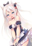  1girl animal_ears apron azur_lane bare_shoulders blue_eyes blush bow breasts cat_ears choker commentary_request detached_sleeves hair_bow hair_ornament hair_ribbon hammann_(azur_lane) highres long_hair looking_at_viewer open_mouth puffy_short_sleeves puffy_sleeves remodel_(azur_lane) ribbon ribbon_choker shirako_sei short_sleeves small_breasts solo tearing_up underbust waist_apron white_apron white_hair wrist_cuffs 