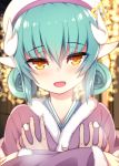  1boy 1girl :d bangs beret binsen blush breast_grab breasts commentary_request crossed_arms double_bun dragon_horns eyebrows_visible_through_hair fate/grand_order fate_(series) fur-trimmed_kimono fur_trim grabbing green_hair hair_between_eyes hat head_tilt hetero horns japanese_clothes kimono kiyohime_(fate/grand_order) looking_at_viewer medium_breasts open_mouth purple_kimono smile sweat white_hat yellow_eyes 