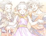  1girl 3boys :d bakusou_k black_eyes black_hair bracelet brothers chinese_clothes closed_eyes couple dragon_ball dragonball_z earrings eyebrows_visible_through_hair family father_and_son flower happy hetero jewelry mother_and_son multiple_boys open_mouth short_hair siblings smile spiky_hair 