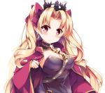  1girl bangs between_breasts black_dress blonde_hair blush bow breasts cape closed_mouth commentary_request detached_collar dress earrings ereshkigal_(fate/grand_order) eyebrows_visible_through_hair fate/grand_order fate_(series) fuuna hair_bow head_tilt highres infinity jewelry large_breasts long_hair looking_at_viewer necklace parted_bangs pink_eyes purple_bow red_cape simple_background skull solo spine tiara tohsaka_rin two_side_up very_long_hair white_background 