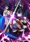  1girl bat black_hair black_sclera blue_hair copyright_name fangs force_of_will glowing glowing_eyes hair_ornament katana long_hair multicolored_hair official_art open_mouth pale_skin red_eyes solo sword tattoo two-tone_hair vampire weapon 
