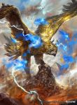  bird copyright_name crown electricity feathered_wings force_of_will gem highres mad_(artist) no_humans official_art rock wings yellow_eyes 
