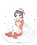  1girl arare_(kantai_collection) bangs black_hair boots bow commentary_request dress eyebrows_visible_through_hair fur-trimmed_boots fur-trimmed_dress fur-trimmed_hat fur_trim green_bow hat holding holding_sack kantai_collection looking_away ooyama_imo red_dress red_footwear red_hat sack santa_boots santa_costume santa_hat short_hair solo star sweat thigh-highs thighhighs_under_boots white_background white_legwear yellow_eyes 