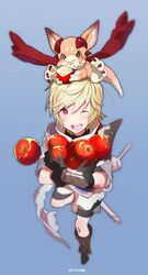  1boy apple arthur_(granblue_fantasy) blonde_hair blue_background carrying dragon eating food food_on_face fruit granblue_fantasy male_focus one_eye_closed rice_(rice8p) shorts simple_background smile twitter_username vee_(granblue_fantasy) 