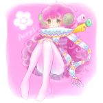  acryl_(doubutsu_no_mori) artist_name black_eyes blush character_name curly_hair doubutsu_no_mori horns long_hair no_shoes pantyhose personification pink_hair scarf sheep_horns simple_background sitting white_background 