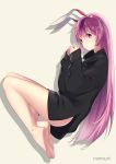  1girl alternate_costume animal_ears artist_name barefoot black_sweater bottomless commentary_request contemporary highres long_hair long_sleeves looking_at_viewer namauni purple_hair rabbit_ears red_eyes reisen_udongein_inaba simple_background solo sweater touhou very_long_hair yellow_background 
