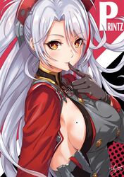  1girl azur_lane blush breasts character_name commentary_request engrish eyebrows_visible_through_hair eyes_visible_through_hair finger_to_mouth gloves hair_between_eyes headgear long_hair long_sleeves looking_at_viewer mole mole_on_breast parted_lips prinz_eugen_(azur_lane) ranguage sakiyamama sideboob signature silver_hair smile solo upper_body yellow_eyes 