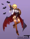  1girl armor armored_boots bangs bat bat_wings black_leotard blonde_hair blush boots braid breasts brown_footwear brown_gloves character_name closed_mouth commentary_request crown_braid girls_frontline gloves half_gloves halloween highleg highleg_leotard highres knee_boots large_breasts leotard long_sleeves looking_at_viewer notte purple_background red_wings shirt simple_background smile solo standing standing_on_one_leg torn_wings welrod_mk2_(girls_frontline) white_shirt wings yellow_eyes 