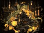  1girl black_dress bottle butterfly dress flower green_eyes green_hair halo hatsune_miku light_bulb long_hair looking_at_viewer saberiii solo twintails very_long_hair vocaloid wine_bottle 