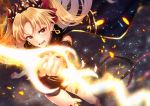  1girl anklet asymmetrical_legwear asymmetrical_sleeves bangs black_cape blonde_hair blush cape commentary_request earrings embers ereshkigal_(fate/grand_order) fate/grand_order fate_(series) fur-trimmed_cape fur_trim glowing glowing_weapon hair_ribbon holding holding_weapon infinity jewelry kurono_kito light_particles long_hair looking_at_viewer open_mouth parted_bangs red_eyes red_ribbon ribbon single_detached_sleeve single_sleeve single_thighhigh solo thigh-highs tiara tohsaka_rin two_side_up weapon 