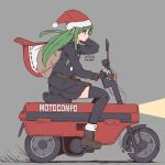  1girl black_legwear black_serafuku brown_footwear crescent crescent_moon_pin dated from_side full_body green_eyes green_hair grey_background ground_vehicle hat kantai_collection long_hair minibike motocompo motor_vehicle motorcycle munehiro_(21plus) nagatsuki_(kantai_collection) necktie santa_hat school_uniform serafuku solo thigh-highs twitter_username white_neckwear 