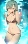  1girl bare_arms bare_shoulders bikini blush breasts brown_bikini closed_mouth commentary_request cowboy_shot frown green_eyes green_hair hair_between_eyes halterneck harau highres kantai_collection large_breasts navel nose_blush solo standing suzuya_(kantai_collection) swimsuit tears v-shaped_eyebrows 