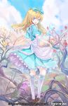 1girl alice_(wonderland) apron back blonde_hair blue_eyes bow butterfly castle clouds copyright_name flower force_of_will grass long_hair mushroom official_art open_mouth rose sky solo teeth wednesday_(starsilver) 