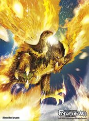  artist_name copyright_name fiery_wings fire force_of_will glowing glowing_eyes gozz no_humans official_art open_mouth sky wings yellow_eyes 