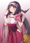  1girl bangs bat black_hair blush breasts brown_hair fate/grand_order fate_(series) gradient_hair hairband highres large_breasts long_hair looking_at_viewer low_twintails multicolored_hair open_mouth origami osakabe-hime_(fate/grand_order) smile solo takuji_yuusaku twintails very_long_hair violet_eyes 
