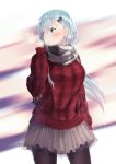  1girl alternate_costume aqua_eyes aqua_hair arm_at_side arm_up black_legwear blurry blush breathing depth_of_field eyebrows_visible_through_hair eyes_visible_through_hair floating_hair grey_scarf hair_between_eyes hair_ornament hairclip highres holding_scarf kantai_collection layered_skirt long_hair long_sleeves looking_away open_mouth outdoors pantyhose pleated_skirt scarf signature skirt solo steaming_breath suzuya_(kantai_collection) sweater warming_hands wind yukai_nao 