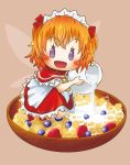  1girl ascot blue_eyes blueberry blush bowl capelet cereal chamaji eyebrows_visible_through_hair fairy_wings fang food fruit headdress highres kneeling open_mouth orange_hair pitcher pouring raspberry short_hair short_sleeves simple_background skirt solo sunny_milk touhou wings 