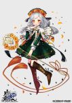  1girl ahoge blush boots brown_footwear capelet copyright_name dress floral_print full_body green_dress grey_hair hair_tie hand_up holding holding_staff looking_at_viewer matsurika_youko official_art orange_eyes smile staff tassel the_caster_chronicles two_side_up watermark white_capelet 
