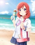  1girl absurdres bag bangs beach blue_skirt blue_sky blush bracelet breasts chocolate_ice_cream clouds cloudy_sky commentary_request day diagonal_stripes eyebrows_visible_through_hair food hair_ornament hairclip highres holding horizon ice_cream ice_cream_cone jewelry lens_flare looking_at_viewer love_live! love_live!_school_idol_project medium_breasts mountainous_horizon neckerchief nishikino_maki ocean open_mouth outdoors pink_neckwear pleated_skirt redhead sand scenery scrunchie shiokazunoko shore short_hair shoulder_bag skirt sky solo standing sunlight vanilla_ice_cream waffle_cone 