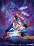  1girl animal_ears copyright_name force_of_will japanese_clothes katana long_hair misa_tsutsui official_art purple_hair rabbit_ears red_eyes sandals scroll sitting solo sparkle sword thigh-highs weapon 