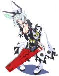  1girl blue_eyes breasts cleavage clover elbow_gloves elphelt_valentine fingerless_gloves four-leaf_clover full_body gloves grey_hair guilty_gear guilty_gear_xrd highres holding holding_weapon large_breasts looking_down nayutarou_(nyt_kag) shadow short_hair simple_background solo weapon white_background 
