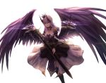  1girl absurdres black_dress black_legwear blue_eyes breasts cleavage crown demon demon_horns detached_sleeves dress highres horns lens_flare looking_at_viewer magic medium_breasts original purple_hair purple_wings see_n solo sword weapon wings 