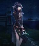  1girl au_ra black_hair blue_eyes bouquet china_dress chinese_clothes commission dragon_horns dragon_tail dress final_fantasy final_fantasy_xiv flower horns jpeg_artifacts long_hair looking_at_viewer night outdoors parted_lips ponytail scales side_slit sky solo standing star_(sky) starry_sky tail tida_kietsungden 