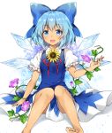  1girl :d barefoot blue_bow blue_dress blue_eyes blue_hair blush bow caramell0501 cirno dress flower hair_bow ice ice_wings knees_together_feet_apart looking_at_viewer morning_glory neck_ribbon open_mouth plant puffy_short_sleeves puffy_sleeves red_ribbon ribbon short_hair short_sleeves sitting smile solo sunflower tan tanned_cirno touhou vines wing_collar wings 