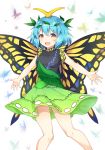  1girl :d antennae blue_hair blush breasts brown_eyes butterfly butterfly_wings caramell0501 cowboy_shot dress eternity_larva green_dress hair_between_eyes hair_ornament leaf leaf_hair_ornament leaf_on_head looking_at_viewer open_mouth outstretched_arms short_hair small_breasts smile solo spread_arms touhou wings 