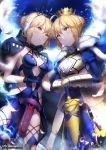  absurdres ahoge armor armored_dress artoria_pendragon_(all) artoria_pendragon_(swimsuit_rider_alter) avalon_(fate/stay_night) blonde_hair blue_eyes coat commentary_request crown excalibur fate/grand_order fate/stay_night fate_(series) faulds fur-trimmed_coat fur_trim gauntlets glint hair_between_eyes hair_bun hair_ribbon hands_on_hilt highres kyjsogom ribbon saber saber_alter sheath sheathed sword tiara weapon yellow_eyes 