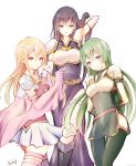  3girls aira_(fire_emblem) armor arms_behind_back atoatto belt black_eyes black_hair blonde_hair boots breastplate brown_eyes cape dress elbow_gloves fire_emblem fire_emblem:_seisen_no_keifu flower fury_(fire_emblem) gloves green_dress green_eyes green_hair hand_in_hair holding holding_cape holding_flower lachesis_(fire_emblem) lily_(flower) long_hair multiple_girls open_mouth purple_dress side_slit skirt smile spaulders thigh-highs very_long_hair white_flower zettai_ryouiki 