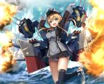  1girl anchor_hair_ornament aqua_eyes black_legwear black_ribbon black_skirt blonde_hair cannon gloves hair_ornament hat kantai_collection low_twintails microskirt peaked_cap pleated_skirt prinz_eugen_(kantai_collection) ribbon rigging skirt solo thigh-highs torpedo torpedo_tubes turret twintails uniform white_gloves yu-yuuki 