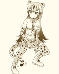  1girl animal_ears ankle_boots boots breast_pocket cheetah_(kemono_friends) cheetah_ears cheetah_tail closed_mouth collared_shirt commentary_request elbow_gloves eyebrows_visible_through_hair full_body gloves gradient_hair greyscale kemono_friends long_hair looking_to_the_side monochrome multicolored_hair necktie pink_background pleated_skirt pocket shirt short_sleeves simple_background skirt solo squatting tail thigh-highs totokichi very_long_hair wing_collar 