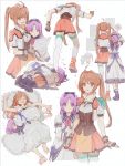  ahoge alternate_costume alternate_hairstyle bangs belt bow brown_hair character_sheet closed_eyes dress eiyuu_densetsu estelle_bright fingerless_gloves frills gloves hair_bow hair_intakes long_hair nightgown nishihara_isao orange_skirt parted_bangs playing_with_another&#039;s_hair purple_hair red_eyes renne ribbon skirt sleeping smile sora_no_kiseki stuffed_toy thigh-highs twintails very_long_hair violet_eyes white_legwear zettai_ryouiki 