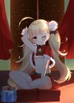  1girl ;o ahoge arm_behind_head arm_support arm_up azur_lane bangs bell blonde_hair blunt_bangs blush bow box christmas commentary_request curtains eldridge_(azur_lane) eyebrows_visible_through_hair fur-trimmed_capelet gift gift_box green_bow hair_ornament head_tilt indoors legs_crossed linhe_de_chuangzi long_hair looking_at_viewer night night_sky one_eye_closed parted_lips red_capelet red_eyes red_skirt sitting skirt sky solo star_(sky) starry_sky twintails very_long_hair 