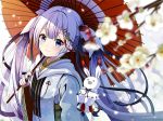  1girl beamed_quavers blue_eyes blue_hair blue_nails blurry blurry_foreground blush closed_mouth depth_of_field eyebrows_visible_through_hair flower hair_flower hair_ornament hatsune_miku holding holding_umbrella japanese_clothes kimono long_hair long_sleeves looking_at_viewer musical_note musical_note_hair_ornament nail_polish oriental_umbrella rabbit snowflake_print solo tareme tree_branch twintails umbrella upper_body very_long_hair vocaloid white_kimono wide_sleeves yuki_miku yuuka_nonoko 