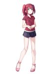  1girl :o bangs bare_legs black_shorts blush breast_pocket buttons collared_shirt eyebrows_visible_through_hair full_body ginopi green_eyes highres kurosawa_ruby legs_apart looking_at_viewer love_live! love_live!_sunshine!! own_hands_together parted_lips pink_footwear pocket red_shirt redhead sandals shirt short_shorts short_sleeves short_twintails shorts simple_background solo standing toes twintails white_background wing_collar 