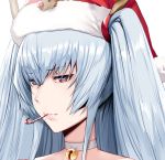  1girl altair_(re:creators) antlers bell bell_choker blue_eyes blue_hair candy candy_cane choker christmas commentary eyebrows_visible_through_hair face food hair_between_eyes hat hews_hack highres jingle_bell lips long_hair looking_at_viewer multicolored multicolored_eyes parted_lips pink_lips re:creators red_eyes reindeer_antlers santa_hat solo two_side_up white_choker 