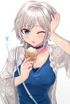  1girl ;p anastasia_(idolmaster) blue_eyes blue_shirt brain_freeze breasts choker collarbone earrings eyebrows_visible_through_hair floral_print food grey_jacket hand_on_own_head highres holding holding_food ice_cream idolmaster idolmaster_cinderella_girls jacket jewelry long_sleeves looking_at_viewer medium_breasts nail_polish one_eye_closed open_clothes open_jacket pink_nails shiny shiny_hair shirt short_hair silver_hair simple_background solo tomato_omurice_melon tongue tongue_out translated upper_body white_background wide_sleeves wrapper 